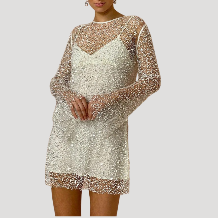 Women's Mini Mesh Dress Sequin Long Sleeve Party