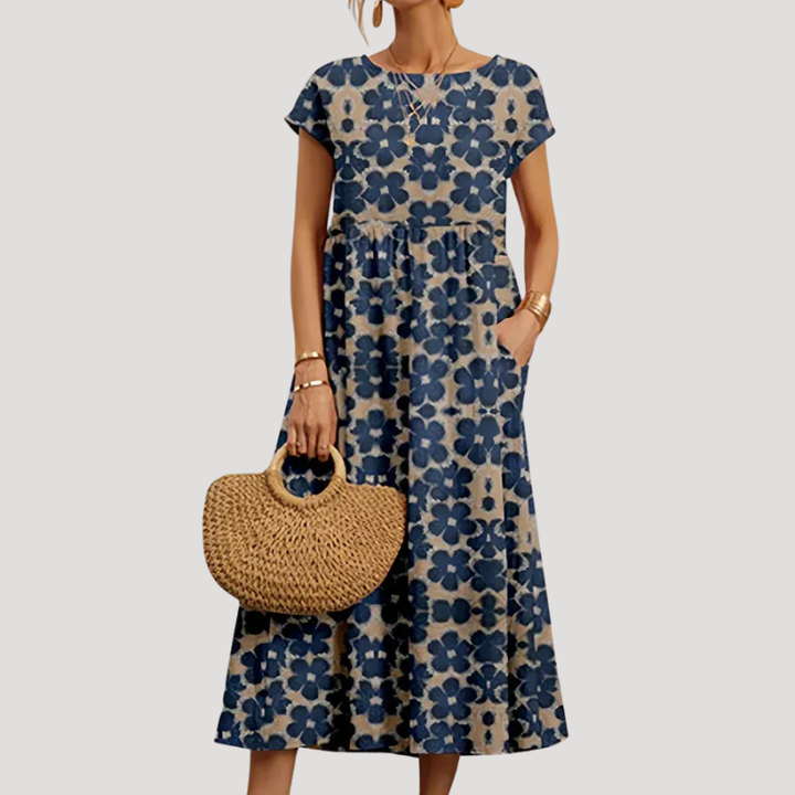 Women's Floral Midi Pocket Round Neck Short Sleeve Dress