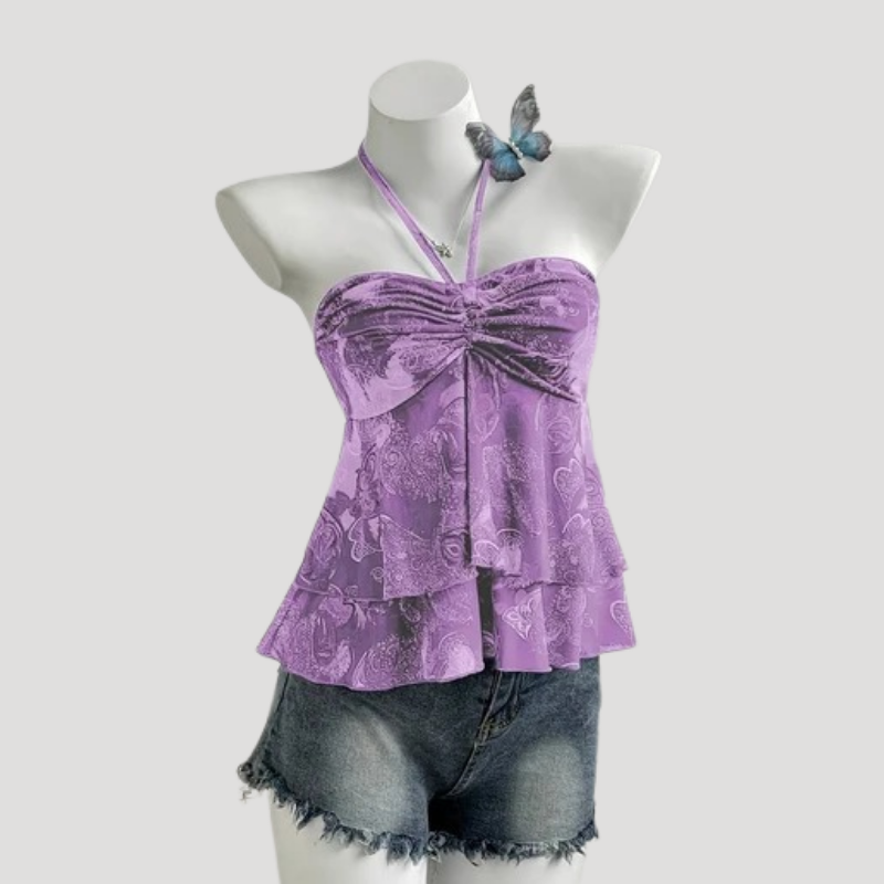 Women's Cami Top Halter Tie Neck Floral Satin Peplum