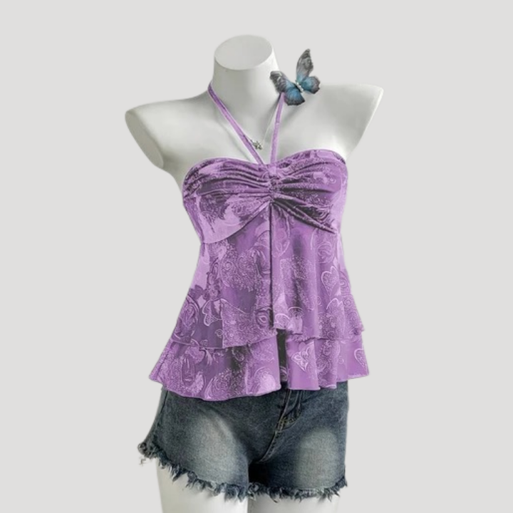 Women's Cami Top Halter Tie Neck Floral Satin Peplum
