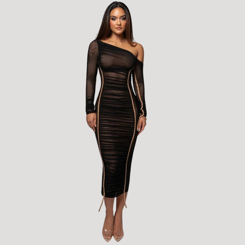 Women's Midi Bodycon Dress One Shoulder Long Sleeve Ruched
