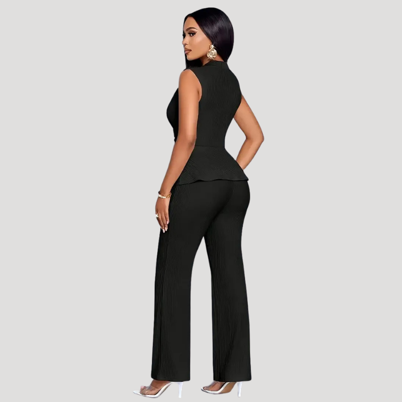 Women's Trouser Suit Two Piece Set Peplum Top Wide Leg Trousers