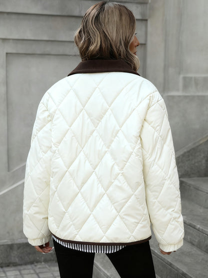 Diamond-Quilted Padded Jacket with Button Front and Relaxed Fit, Contrast Trim