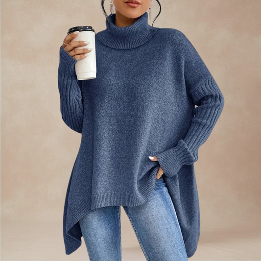 Women’s Oversized Roll-Neck Sweater with Ribbed Long Sleeves and Draped Hem for Comfortable Cold-Weather Layering