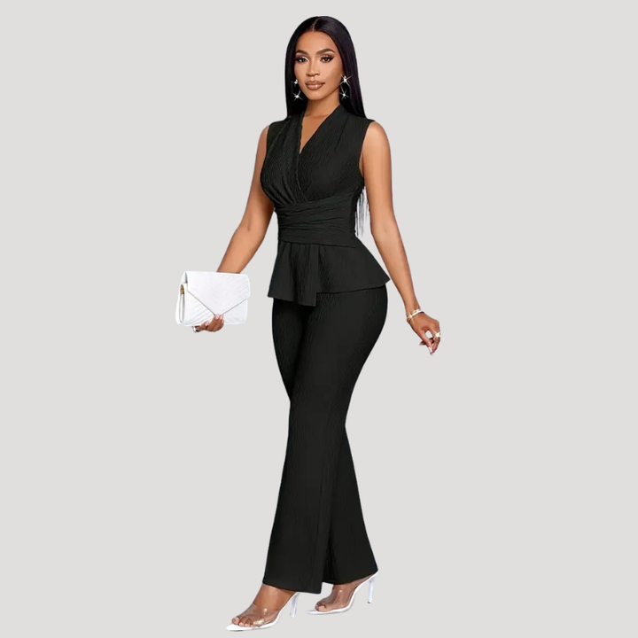 Women's Trouser Suit Two Piece Set Peplum Top Wide Leg Trousers
