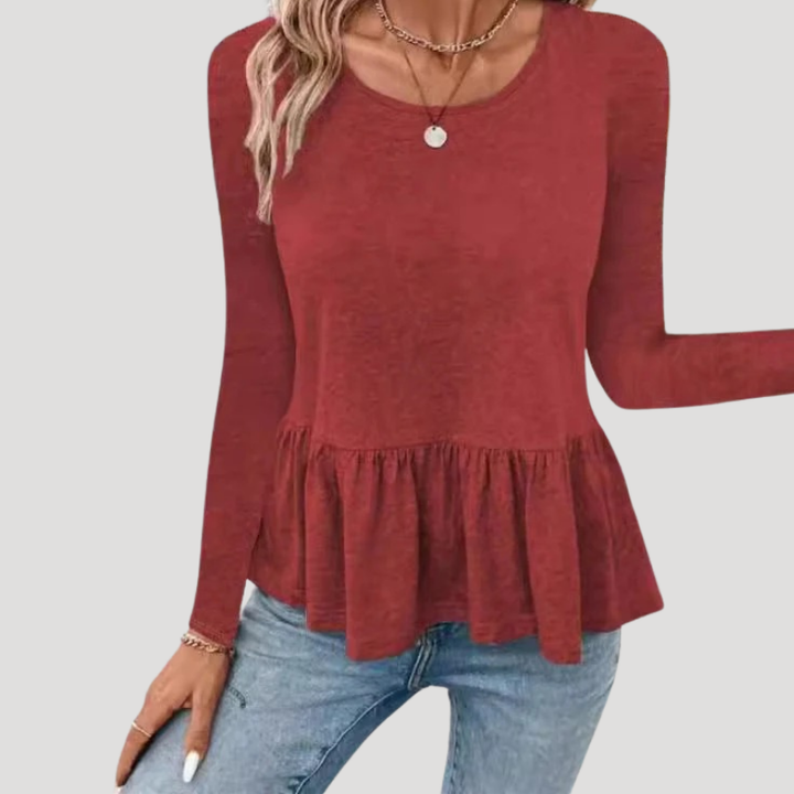 Women's Peplum Top Long Sleeve Round Neck Ruffle Casual Blouse