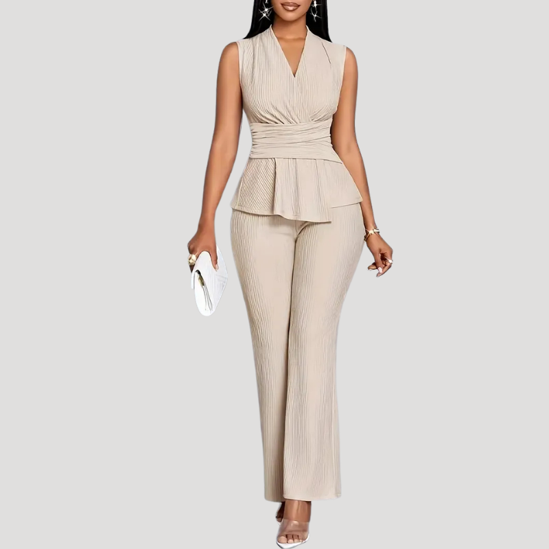 Women's Trouser Suit Two Piece Set Peplum Top Wide Leg Trousers