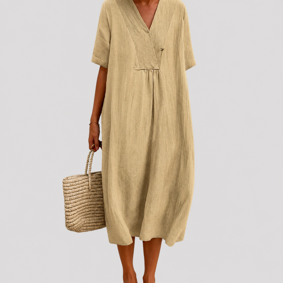 Women's Midi V Neck Short Sleeve Shift Dress