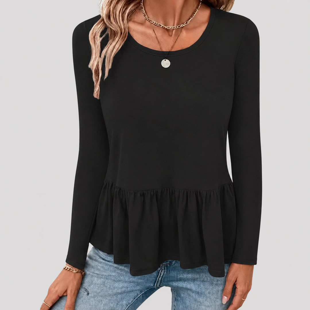 Women's Peplum Top Long Sleeve Round Neck Ruffle Casual Blouse