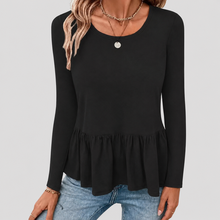 Women's Peplum Top Long Sleeve Round Neck Ruffle Casual Blouse