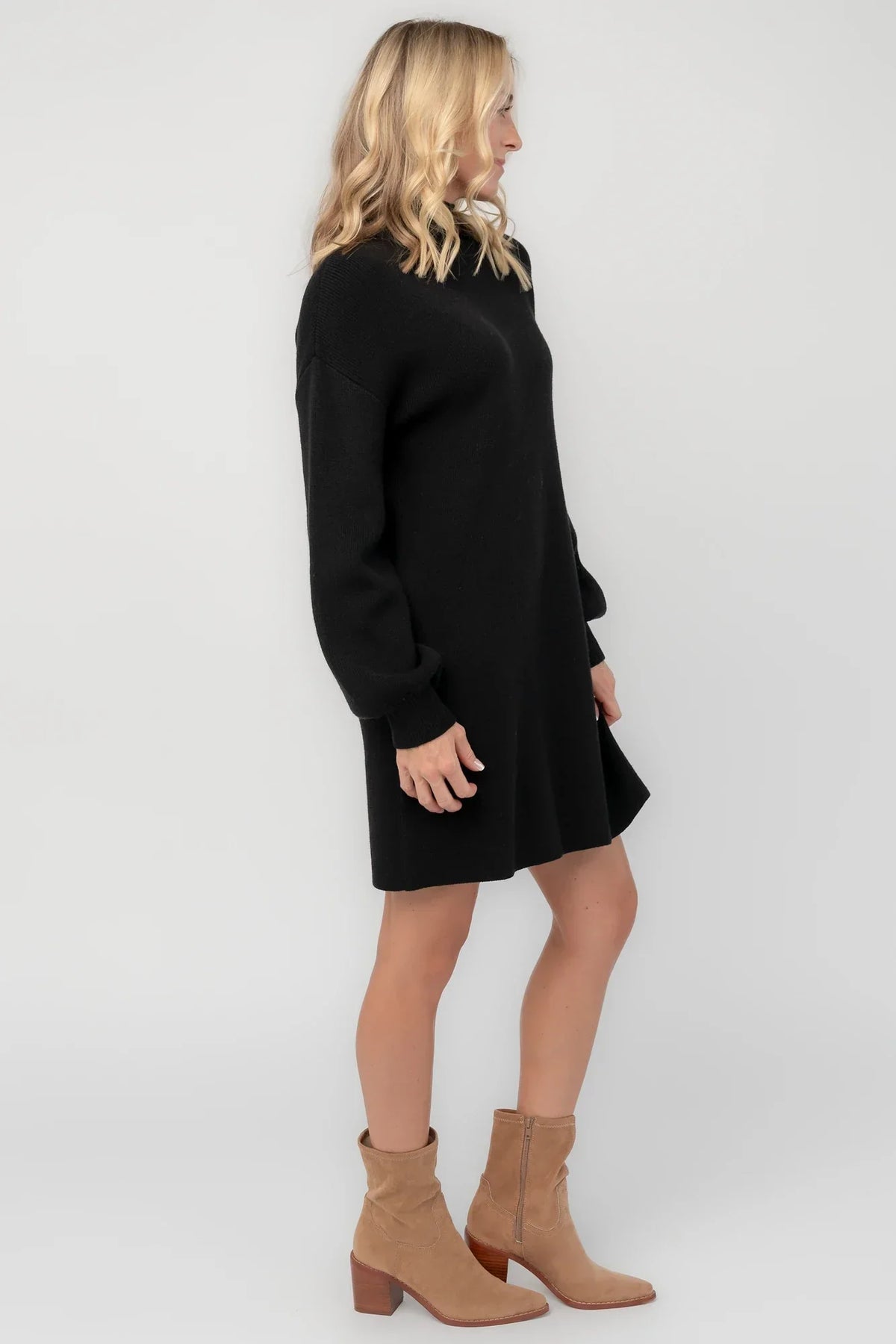 Mock Neck Sweater Dress with Long Balloon Sleeves and Ribbed Details, Black
