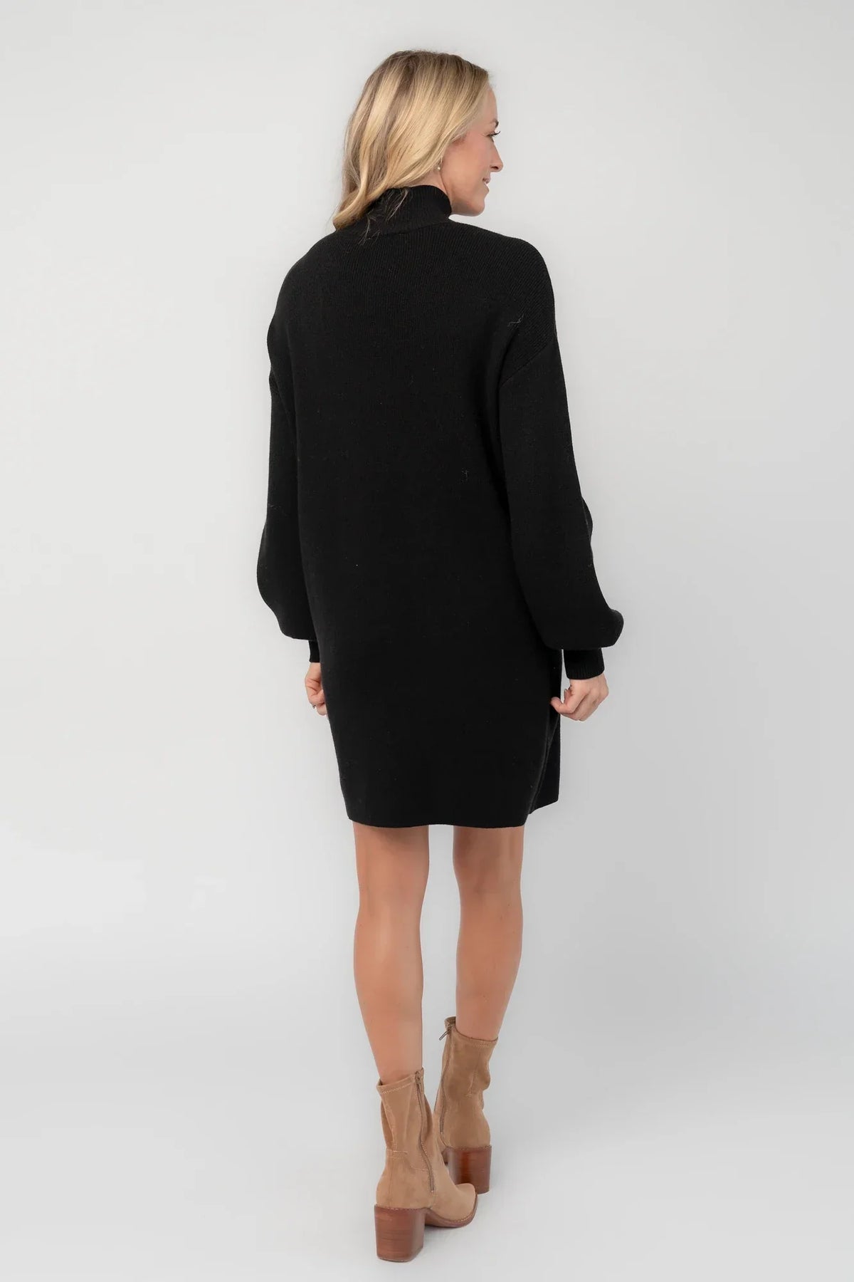 Mock Neck Sweater Dress with Long Balloon Sleeves and Ribbed Details, Black