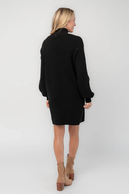 Mock Neck Sweater Dress with Long Balloon Sleeves and Ribbed Details, Black