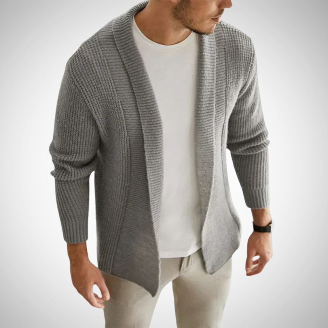 Men’s Open-Front Knit Cardigan – Textured Shawl-Collar Layer for Smart Casual Wear