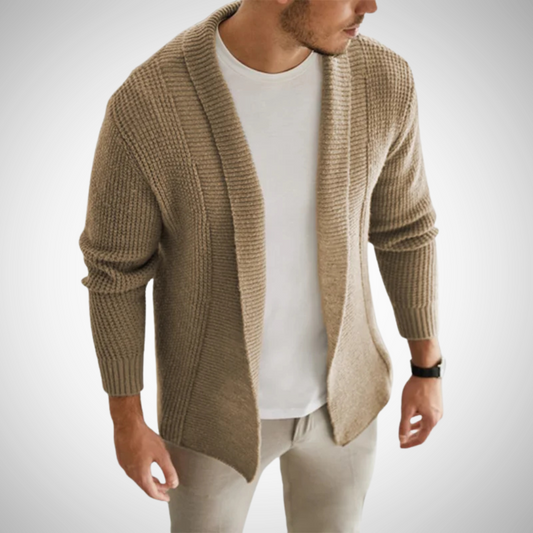 Men’s Open-Front Knit Cardigan – Textured Shawl-Collar Layer for Smart Casual Wear