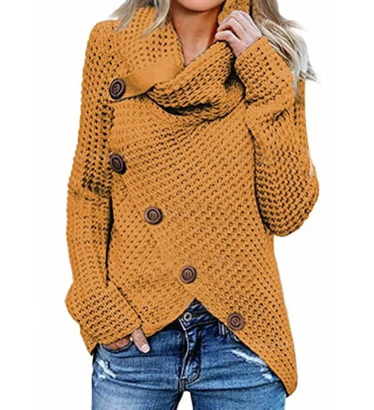 Women's Chunky Knit Turtleneck Sweater with Asymmetric Button Front and Oversized Cowl Neck – Relaxed Fit Textured Long Sleeve Pullover with Draped Hem for Cosy Autumn and Winter Casual Wear