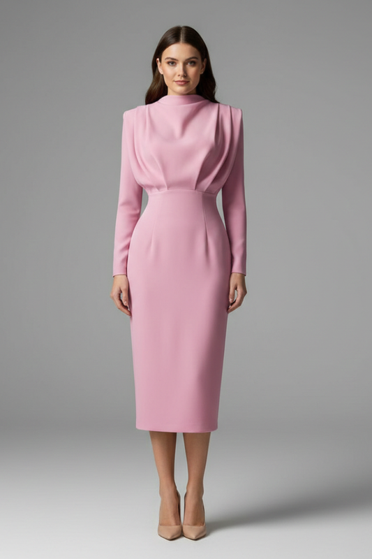 Women’s Long Sleeve Mock Neck Midi Dress Elegant Tailored Silhouette