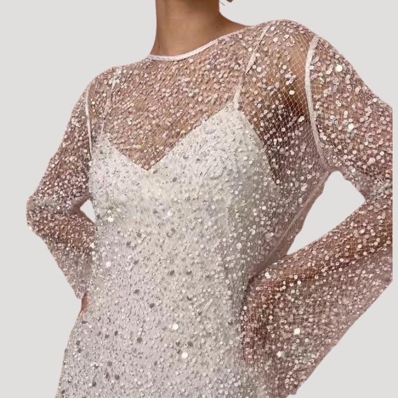 Women's Mini Mesh Dress Sequin Long Sleeve Party