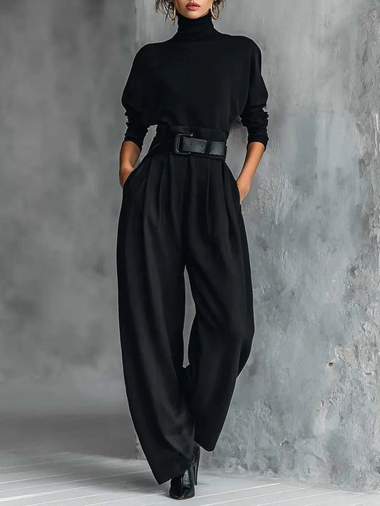 Women’s Belted Roll-Neck Trouser Set – Soft Cotton-Blend Co-Ord for Autumn Office and Evening Wear