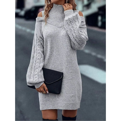 Cold-Shoulder Turtleneck Sweater Dress with Cable Knit Sleeves