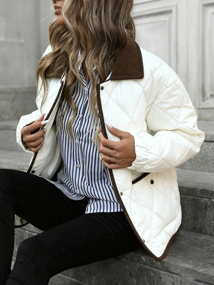Diamond-Quilted Padded Jacket with Button Front and Relaxed Fit, Contrast Trim