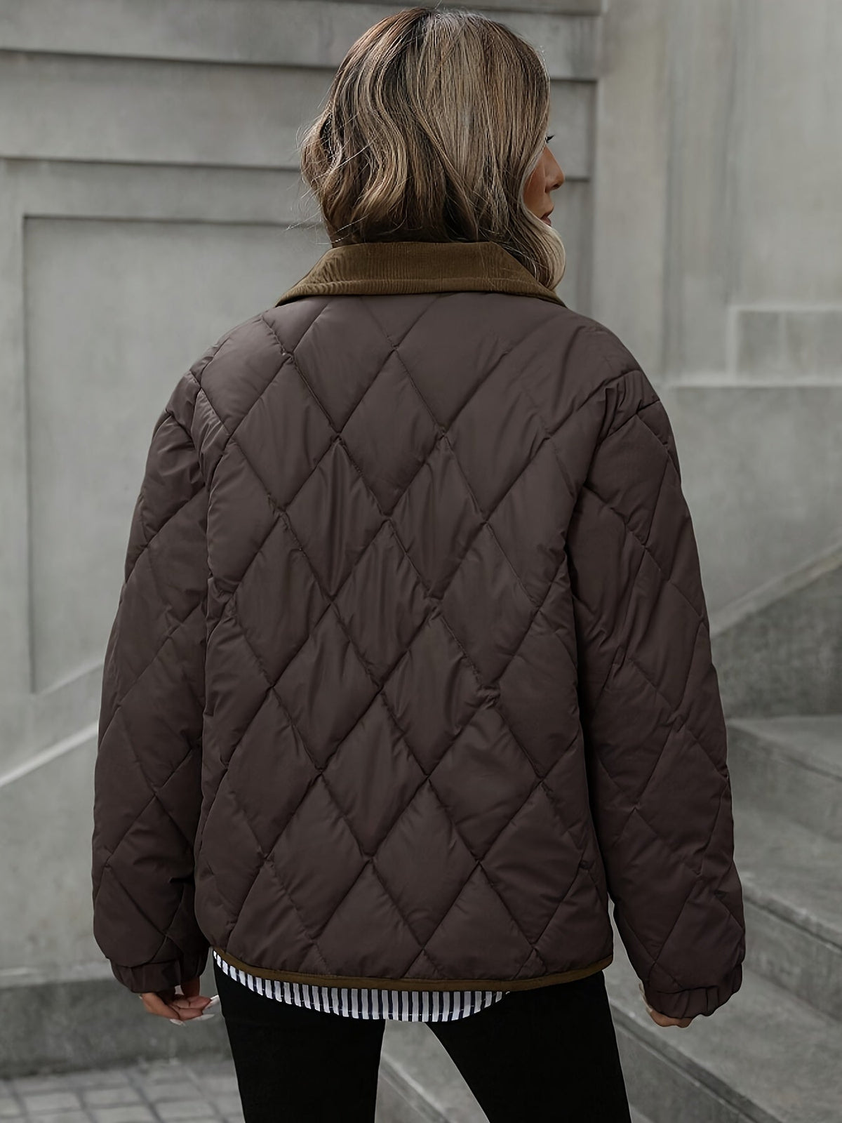 Diamond-Quilted Padded Jacket with Button Front and Relaxed Fit, Contrast Trim