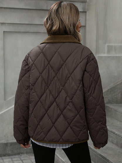 Diamond-Quilted Padded Jacket with Button Front and Relaxed Fit, Contrast Trim