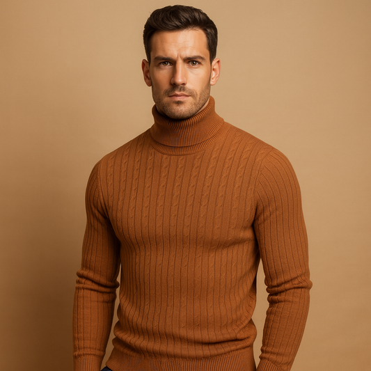 Men’s Ribbed Turtleneck Sweater – Soft Knitted Roll-Neck Winter Layer for Smart Casual Office Evening and Everyday Cold-Weather Wear
