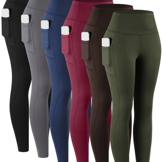 Womens Leggings with Pockets, 6 Pack Soft High Waisted Tummy Control Workout Yoga Pants
