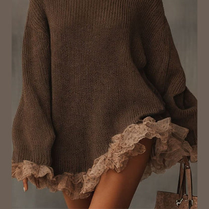 Long Sleeve Knitted Tunic Pullover with Ribbed Flounce Hemline for Everyday Wear