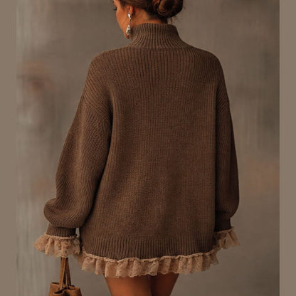 Long Sleeve Knitted Tunic Pullover with Ribbed Flounce Hemline for Everyday Wear