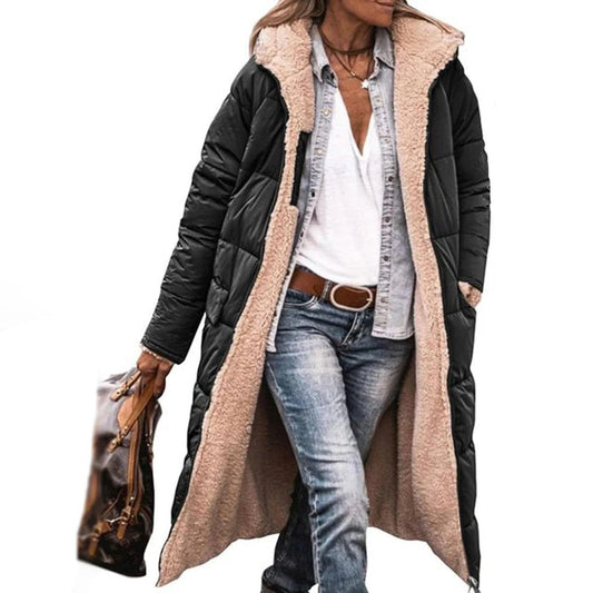 Grace I Hooded Quilted Long Parka Coat with Front Pockets and Snap Closure